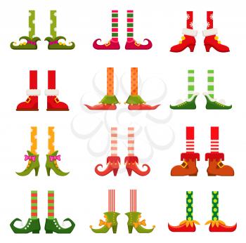 Gnome, elf or leprechaun legs in shoes or dwarf in boots, vector icons. Elf or elfin feet in boots and Santa pants or Christmas stockings of red and green stripes, holiday leprechaun feet in shoes