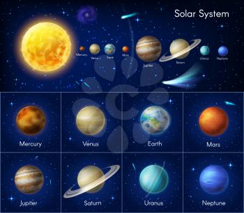 Astronomy galaxy infographics with asteroids or nebula. Solar system planet vector infographic. Sun, Mercury Venus and Earth, Mars Jupiter, Saturn and Uranus or Neptune space galaxy planets and stars.
