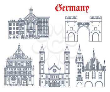 Germany, Munich architecture buildings and travel landmarks, vector. German St Ludwig kirche, Saint. Michael Jesuit church, Karlstor gates or Neuhauser Tor, Old Town Hall and Asam Church or Asamkirche