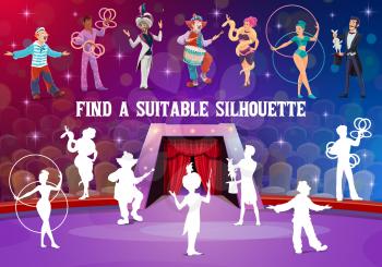 Circus performer silhouettes, kids game vector riddle or tabletop puzzle. Find correct shadow silhouette of circus clown, illusionist, acrobat and juggler, guess and match riddle board game for kids