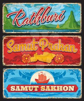 Samut Sakhon, Samut Prakan and Rathbury, vector Thailand provinces signs. Thailand entry sings or travel stickers and grunge luggage tags with thai landmark symbols and map