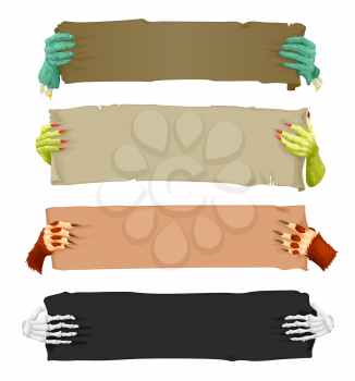 Cartoon scary hands with banners and scrolls, vampire, werewolf, skeleton and Halloween zombie, vector. Creepy monsters and dead arms with horror signs or party posters, blood on nail claws of ogres