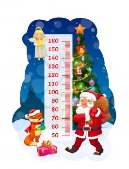 Kids height chart, Santa with gift bag growth meter. Vector wall sticker for children height measurement with cartoon characters angel, Santa Claus and cute fox near decorated Christmas tree and scale