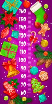 Christmas kids height chart with gifts, poinsettia, holly berry, pine tree and Christmas balls. Vector growth meter, cartoon ruler, wall sticker for children height measurement with scale and presents