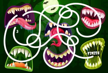 Kids maze game with monster mouths. Vector labyrinth puzzle find correct way board game. Task with tangled path and toothy maws. Educational children riddle, family or preschool activity, recreation