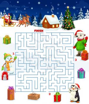 Christmas maze game with square labyrinth, cartoon vector Christmas gifts and Santa sleigh. Children education puzzle with maze map on Xmas winter holiday background of present boxes and toys