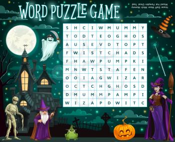 Halloween word puzzle worksheet with cartoon wizard, witch, mummy and ghost house. Word quiz or riddle game, kids educational quiz, playing activity book page with HAlloween monsters characters