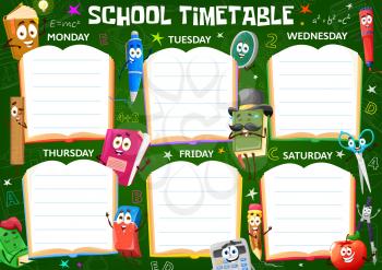Education timetable schedule with cartoon school education stationery and book characters. Kids lesson schedule, child education timetable or student classes planner with funny pen, textbook and ruler