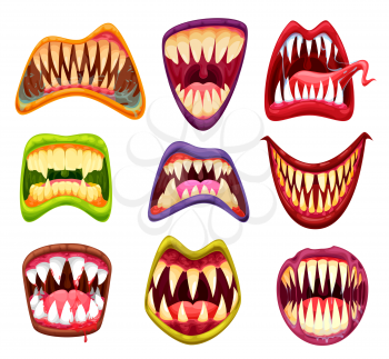 Monster mouths and jaws, cartoon teeth and tongues, vector scary Halloween faces. Monster funny and horror smile masks with vampire teeth and beast jaws, devil or joker and scary clown grim smile