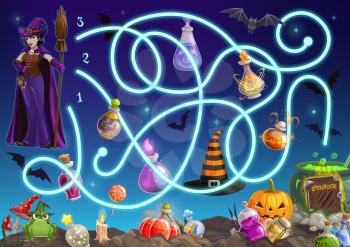 Maze game, Halloween puzzle labyrinth, kids cartoon fun play, vector. Halloween maze, find way or path for witch to cauldron, labyrinth with pumpkins, skulls and ghost monsters, treats and bats