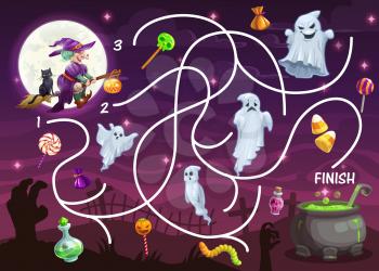 Child labyrinth game with halloween monsters. Kids find path activity worksheet, children search way game. Ghosts on cemetery, flying on broom witch and lollypop candy, cauldron with magic potion