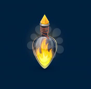 Witchcraft glass potion bottle with burning fire flames, vector magic elixir in game asset. Power or life energy potion with yellow fire flame and crystal glass bung, witch elixir or spell flask