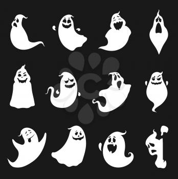 Funny cute and scary Halloween ghosts, white silhouettes of vector spooky spirits. Halloween holiday cartoon boo ghouls or poltergeist and monster ghosts with smiling and happy faces