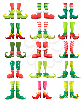 Feets of Christmas elf, leprechaun, gnome, fairy and dwarf with cartoon vector shoes or funny boots with bells, striped socks, stockings and buckles. Xmas holiday and fairy game user interface design