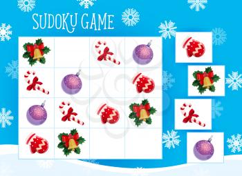 Sudoku game for kids with Christmas tree ornaments. Children logical maze, child winter holidays puzzle with knitted mitten, bell and holly leaves, candy cane, Christmas tree bauble cartoon vector
