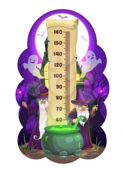 Halloween kids height chart, cartoon wizards and ghosts. Vector growth measure wall sticker meter for children height measurement with magicians characters at cauldron near haunted house and scale