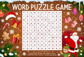 Merry Christmas word puzzle game worksheet. Word quiz or riddle with Santa, elf and Xmas candy sweets, gifts. Kids crossword, child educational game page with Christmas items, winter holidays symbols