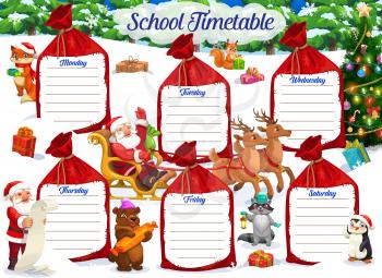 Christmas holiday school timetable or student education schedule. Vector week time table of class or lesson study plan, preschool pupil planner template on Xmas gift bags with Santa and Christmas tree