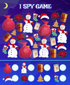 Child I spy educational game with Christmas objects. Children playing activity with counting task, kids elementary math game. Snowman, sack with gifts and stocking, gingerbread cookies cartoon vector