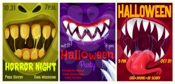 Halloween party vector flyers with monster mouth, cartoon invitation posters with open zombie or alien toothy jaws with teeth, tongue and dripping slime. Happy Halloween horror night event invite card