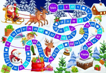 Kids holiday board game with Christmas characters. Children educational puzzle or playing activity, roll and move boardgame template. Santa riding sleigh, reindeer and elf, snowman cartoon vector