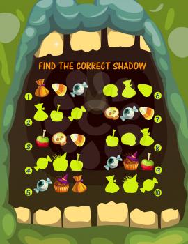 Kids shadow matching game with halloween treats. Children puzzle riddle, child game vector page or playing activity with find correct shadow task. Spooky candy, jelly and cookies, muffin, apple