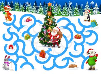 Kids Christmas game with animals cartoon characters. Children find path exercise, labyrinth playing activity. Santa ringing bell near Christmas tree, fox, hare and polar bear, penguin cartoon vector
