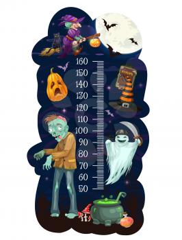 Kids height chart with cartoon Halloween monsters vector design of growth measure meter with ruler scale and horror ghosts, witch, zombie and bats. Halloween pumpkin, witch hat and potion stadiometer
