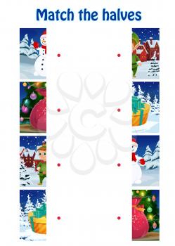Child Christmas puzzle, kids match halves game. Children logical riddle, playing activity with matching task. Snowman, elf and gifts, Santa sack with presents and Christmas tree cartoon vector