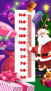 Christmas gifts kids height chart, cartoon growth measure template. Santa with bag meter, vector wall sticker for child height measurement with cartoon Santa Claus character near fir-tree