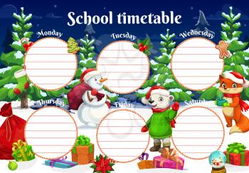School timetable shedule with Christmas animal characters. Child lessons weekly schedule, holiday planner. Polar bear and fox in Santas hat, snowman with gifts sack in spruce forest cartoon vector