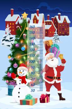 Kids height chart Christmas Santa in winter town growth meter. Vector wall sticker with decorated Xmas tree, gift, snowman and Santa Claus at snowy cityscape. Children height measurement cartoon ruler