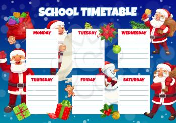 Children Christmas school timetable with Santa cartoon character. Child weekly schedule, kids classes planner template. Santa Claus carrying sack, ringing bell and reading wishes list cartoon vector