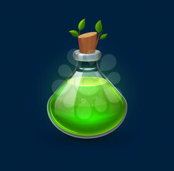 Witchcraft green potion in bottle, growth elixir or witch spell vial, cartoon vector. Magic glass jar with leaf and cork to grow, wizard poison flask for game asset of alchemist chemistry