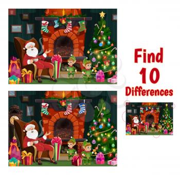 Christmas find ten differences game with Santa and elfs. Kids searching and comparing details playing activity. Santa Claus siting in living room, elfs with gifts near Christmas tree cartoon vector