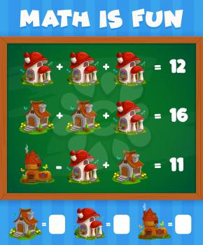 Math game worksheet with cartoon boot and mushroom fairy houses. Education maze for kids, children logical riddle or child quiz, playing activity with calculation task, objects counting exercise