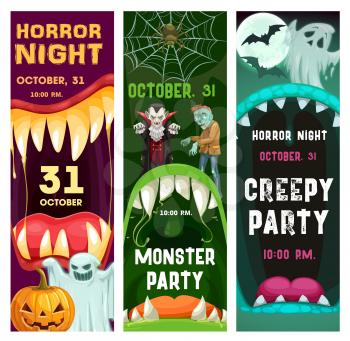 Halloween night party posters with monster characters. Creepy maws with fangs and tongue, vampire, zombie and ghosts, pumpkin, bat and spider web cartoon vector. Halloween holiday party vertical flyer