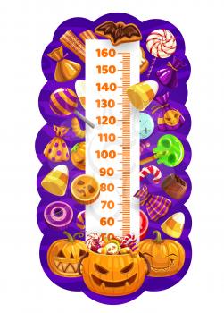 Halloween kids height chart, trick or treat sweets and pumpkins growth measure . Cartoon vector wall sticker meter with funny jack-o-lantern characters. Children height measurement scale with pumpkins