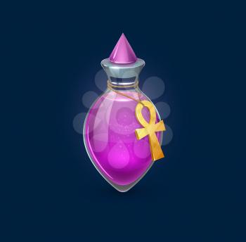 Witchcraft potion bottle with Egyptian sandstorm spell, vector magic elixir for game asset. Pink love potion or witch spell flask with Egypt sign and crystal glass bung, magic and alchemy vial