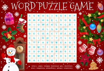 Merry Christmas word puzzle worksheet. Word quiz riddle with Christmas wreath, gifts and snowflakes, holly berry and poinsettia flower. Kids holiday educational game, logical riddle or crossword