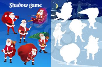 Kids Christmas shadow matching riddle, game with Santa character. Preschooler child playing activity with silhouette compare task. Santa in sleigh, carrying Christmas tree and gift sack cartoon vector
