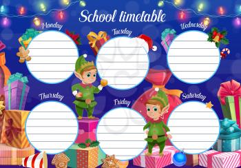 Child school timetable with Christmas elfs and gifts. Kid education daily planner template, week schedule with cute Santa fantasy helpers and wrapped presents, gingerbread cookie cartoon vector