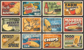 Potato food and meals, vector tornado spiral, french fries and potato wedges snack with chips. Farmer market vegetable products. Cafe or bistro assortment, vintage retro promo posters with price tags
