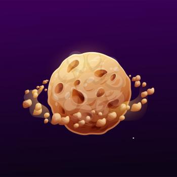 Rocky sphere, brown planet with craters and nebula, flying asteroids rocks isolated cartoon alien world. Vector futuristic globe of lava and magma, ui game element. Uninhabitable planet, outer space