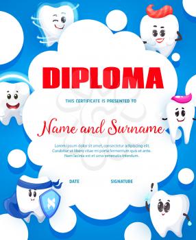 Cartoon happy tooth characters, dental care service kids vertical diploma. Dentist or dental clinic children vector diploma, child achievement certificate with smiling healthy boy and girl teeth