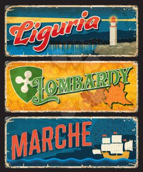 Liguria, Lombardy, Marche Italian regions vintage plates and stickers. Italy travel destination vector plaques, aged banners with map, grape and shield, sea beacon, sailing ship. Grunge signboards set