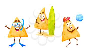 Mexican nachos chips diving, playing volleyball and surfing summer beach leisure. Happy vector tex mex cartoon characters nacho diver and surfer on vacation. Holidays fun, relax and outdoor recreation