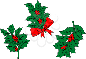 Christmas holly branch with ribbon and red berries for holiday design