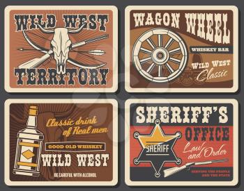 Wild West bull skulls, western sheriff guns and star badge vector design. Native american arrow and bow, ranger rifle, old covered wagon, wooden wheel and Texas saloon whiskey vintage posters