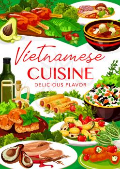 Vietnamese cuisine grilled meat, fish and vegetable rice vector design of Asian food. Noodle mushroom soup, baked pork and beef pho bo, cutlets, chilli peppers and pancake rolls stuffed with cheese